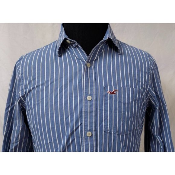 Hollister California Pacific Merch Medium Blue White Stripe Long Sleeve Shirt - Picture 4 of 11